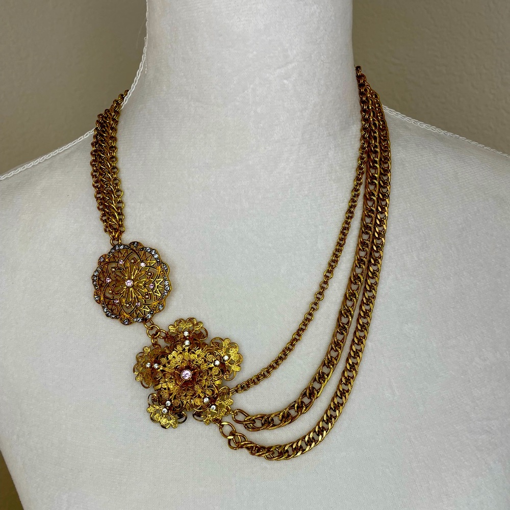 Vintage gold and rhinestone statement necklace